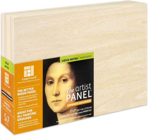 Ampersand Art Supply Unprimed Basswood Artist Panel, 1-1/2" Cradled Profile, 5"x7"...
