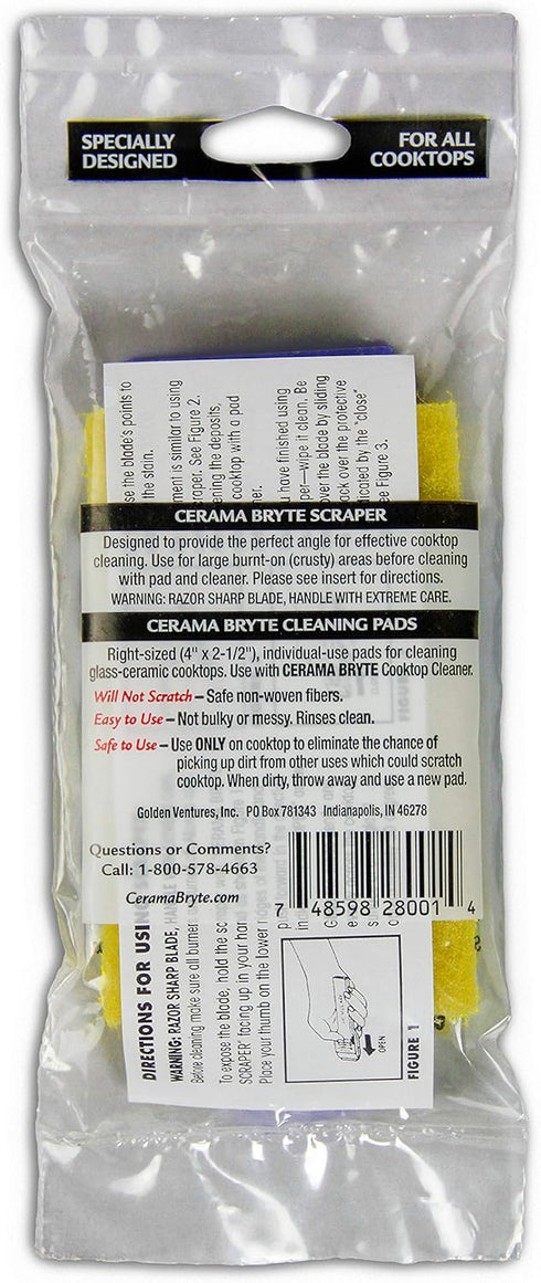 Cerama Bryte 1 x Scraper & 1 x Pad Kit Cooktop and Stove Top Cleaner for Glass - Ceramic Surfaces, 2 Piece Set...