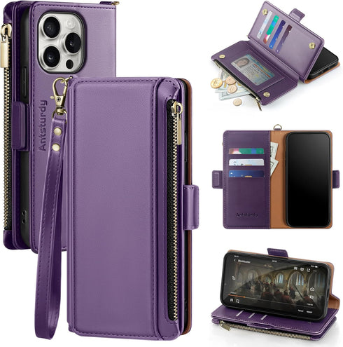 Antsturdy for iPhone 15 Pro Max Wallet Case?RFID Blocking? PU Leather Phone Case Women Men flip Shockproof Protective Cover with Strap Zipper Pock...