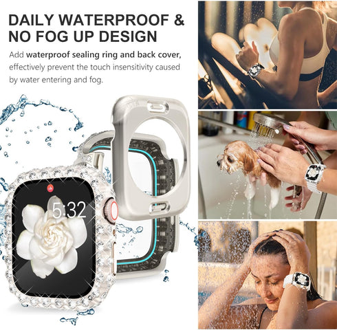 Wingle 2 in 1 Waterproof Case for Apple Watch 45mm Screen Protector Case Series 9 8 7, Bling Lace Edge Diamond Face Cover Full Glitter Rhinestone ...