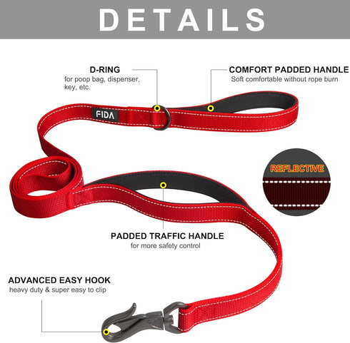 Fida 6 FT Heavy Duty Dog Leash with 2 Comfortable Padded Handles, Traffic Handle & Advanced Easy Snap Hook, Reflective Walking Lead for Large, Med...