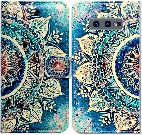 Case for Galaxy S10e, Green Circular Mandala Wallet Flip Folio Leather Cover Case with Credit Card Holder ID Slot Kickstand for Samsung Galaxy S10...