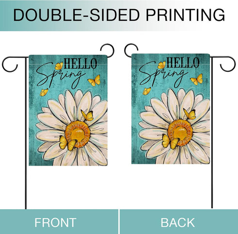 Hello Spring Daisy Flower Garden Flag Double Sided, Floral Butterfly Decorative Yard Outdoor Home Small Decor, Summer Farmhouse Burlap Outside Hou...
