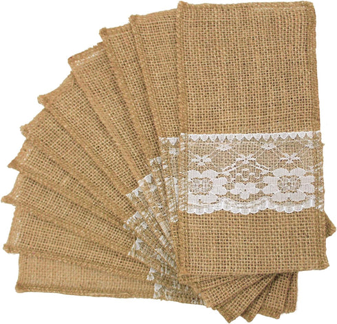 FQTANJU 50 PCS 4"x8" Burlap Lace Utensil Cutlery Holders Pouch Silverware Holder Knifes Forks Bags Burlap Napkin Bag for Rustic Wedding Party Deco...
