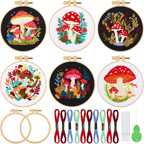 Juexica 6 Pcs Mushroom Cross Stitch Sets Mushroom Embroidery Kit for Beginners with Pattern and Instructions, 2 Embroidery Hoops, 6 Needles, Needl...