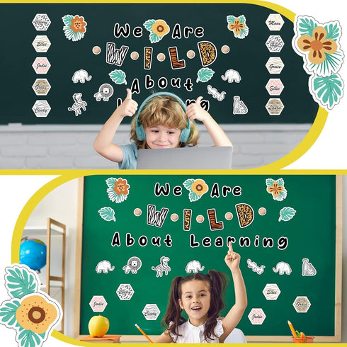 Ctosree 134 Pcs Safari We are Wild about Learning Bulletin Board Set with Sweet Leaf Flower Wood Bead Animals Cutouts Boho Neutral Classroom Bulle...
