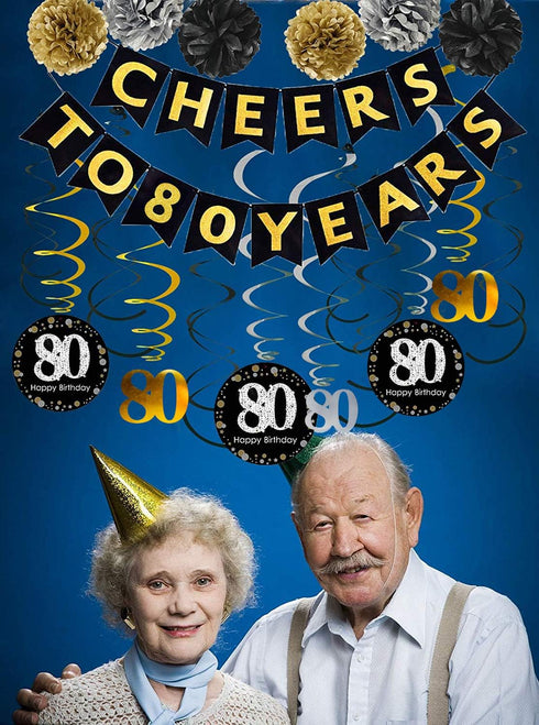 80th Birthday Party Decorations Kit - Gold Glittery Cheers to 80 Years Banner,Poms,12Pcs Sparkling 80 Hanging Swirl for 80th Anniversary Decoratio...