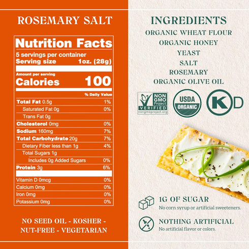 Firehook Rosemary Sea Salt Crackers – Artisan Baked, Craveably Crunchy, Infused with Bold Rosemary & Sea Salt – Organic, Non-GMO, Kosher – 5.5 oz ...