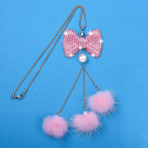 Wisdompro Bling Car Rear View Mirror Hanging Accessories for Women, Rhinestone Diamond Bowknot, Imitation Pearl and Pink Plush Ball Car Rearview M...