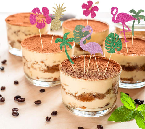 50 Pieces Tropical Hawaiian Luau Cupcake Toppers Glittery Hawaii Cake Cocktail Toothpick Flamingo Pineapple Hibiscus Flowers Palm Leaves Cupcake P...