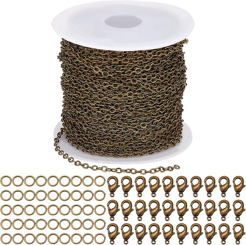 SUNNYCLUE 32.8Feet/10m Antique Bronze Chain Bulk Brass Curb Chain 2.6x2x0.3mm Links Cable Chains for Jewelry Making Chains 100Pcs Iron Jump Rings ...