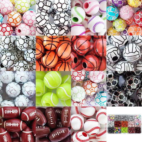 15 Styles Sports Beads Football Baseball Basketball Tennis Volleyball Soccer with 1 Roll of Elastic Rope and a Plastic Box for DIY Bracelet Neckla...