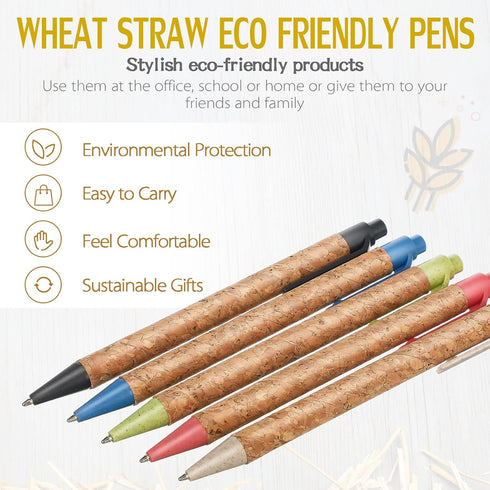 CHENGU 30 Pack Wheat Straw Pens Cork Recycled Ballpoint Retractable Pens with Comfortable Grip Black Ink Click Office Supplies Pens for School Jou...