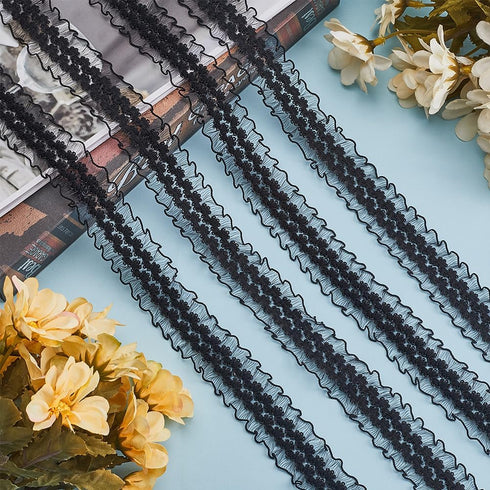 GORGECRAFT 22 Yards Elastic Ruffle Lace Trim 1"/25mm Double Wave Flower Pleated Lace Ribbon Sewing Stretch Edge Trimming Applique for Clothing Gar...