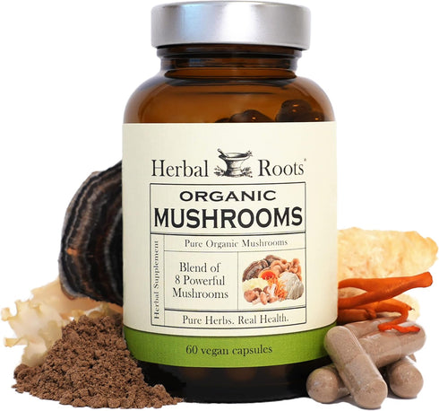 Herbal Roots Organic 8 Mushroom Blend Supplement Capsules - 100% Fruiting Body Extracts - Wellness and Immunity - 60 Vegan Capsules...