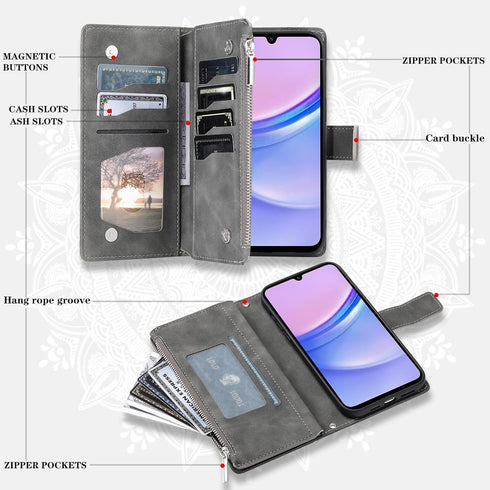 Asuwish Phone Case for Samsung Galaxy A15 5G Wallet Cover with Tempered Glass Screen Protector and Wrist Strap Mandala Flower Flip Zipper Credit C...