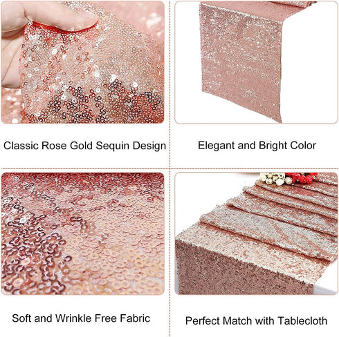 FGSAEOR Rose Gold Tablecloth, 12x108inch Sequins Table Runners and 54x108inch Plastic Table Cloths for Christmas Party Decorations, Sparkling Part...