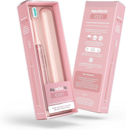 Aquasonic Icon ADA-Accepted Rechargeable Toothbrush | Magnetic Holder & Slim Travel Case | 2 Brushing Modes & Smart Timers | Gentle Micro-Vibratio...