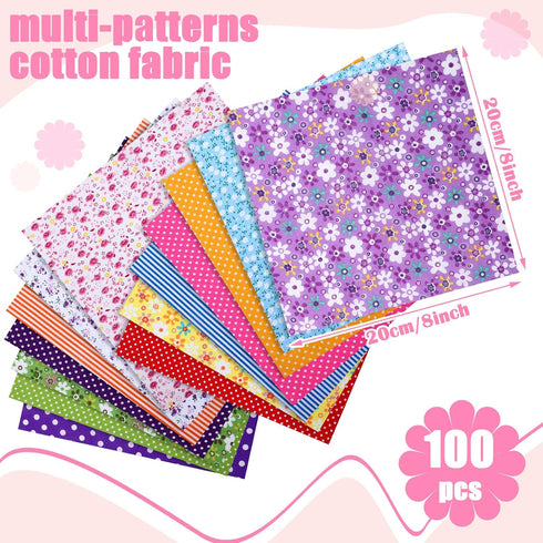 100 Pcs 8 x 8 Inch Cotton Fabric Square Patchwork Fabrics No Repeat Cotton Printed Floral Craft Quilting Fabric Craft Flower Fabric Patchwork Bund...