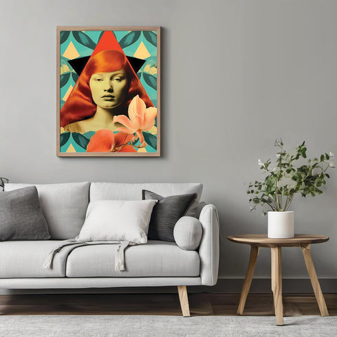 Posterizer 1 pcs-redhead woman with trippy flowers collage-Vintage Art-Abstract & Modern Art-Gifts for Women-Gift for Art Lovers- UNFRAMED Wall Ar...