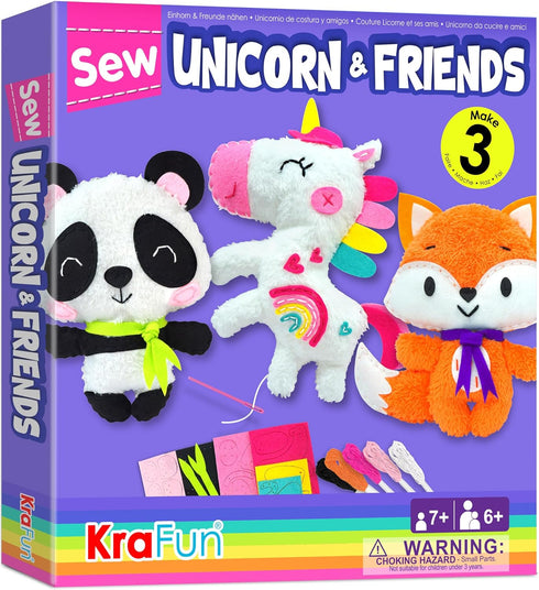 KRAFUN Unicorn Beginner Animal Sewing Kit for Kids Age 7-13 My First Art & Craft, includes 3 Stuffed Animal Dolls Panda, Fox, Instructions & Plush...