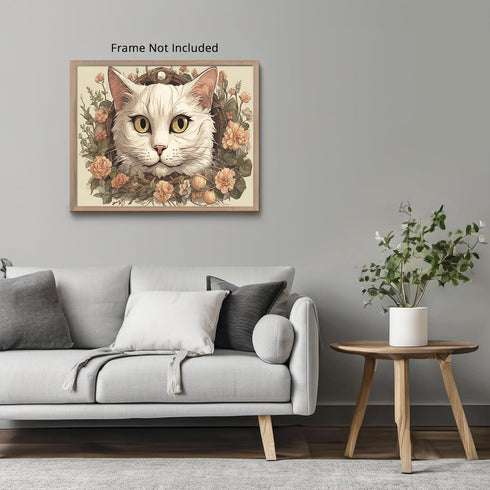 Posterizer 1 pcs- white cat sorrounded by flowers-Art for Animal Lovers-Floral Botanical Art- Gift for Men Women Entrepreneur Teens-Living Room Be...