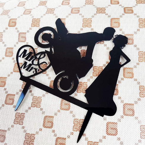 Motorcycle Funny Wedding Cake Topper Mr & Mrs, Bride Groom with Motorbike (Black Acrylic)...