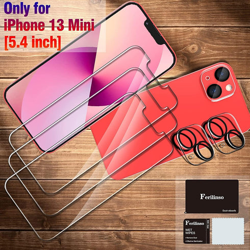 Ferilinso Designed for iPhone 13 Mini Screen Protector, 3 Pack HD Tempered Glass with 2 Pack Camera Lens Protector, Case Friendly, 9H Hardness, Bu...
