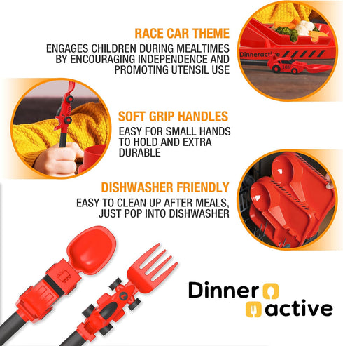 Dinneractive Utensil Set for Kids – Red Race Car Themed Fork and Spoon for Toddlers and Young Children – 2-Piece Set...