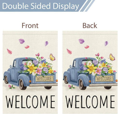 Welcome Spring Garden Flag 12x18 Double Sided Vertical Burlap Retro Truck Floral Garden Flags Summer Butterfly Yard Flags for Seasonal Outside Out...
