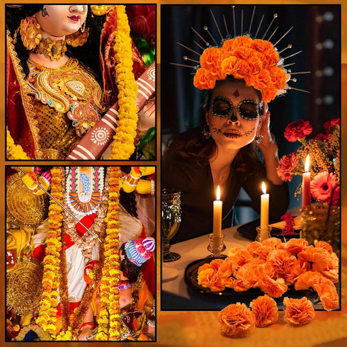 Marigold Flowers Heads Bulk, Silk Artificial Flowers for Diwali,Indian Festival, DIY Marigold Garland Day of The Dead Decorations (Orange)...