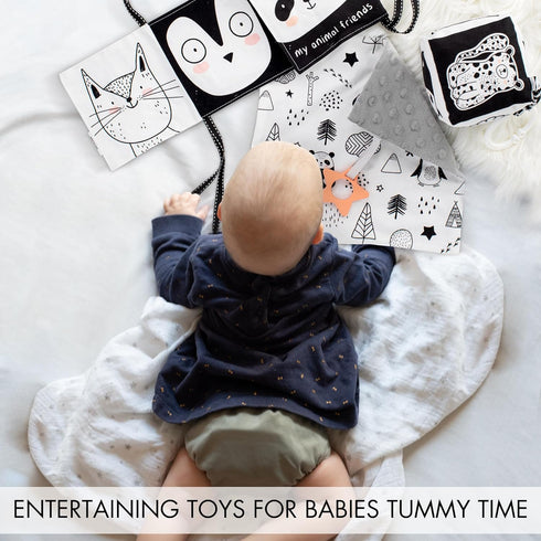 The Ultimate Tummy Time Toys Set of 3 - Soft High Contrast Book, Toy Block, Crinkle Paper and Teether - Stimulating Black & White Sensory Developm...