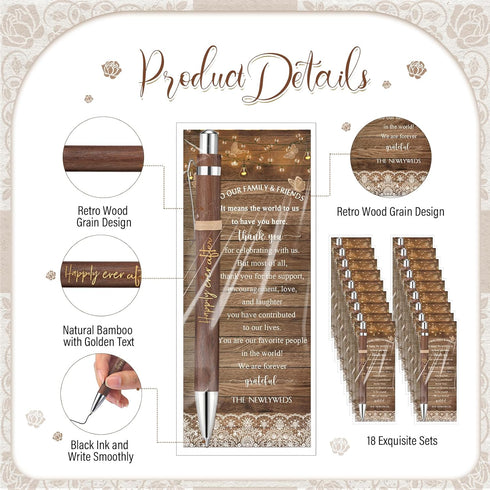 18 Sets Rustic Bridal Shower Wedding Favors Bulk Bamboo Pens with Thank You Retro Bookmarks Ballpoint Pen Happily Ever After Guest Book Pens for W...