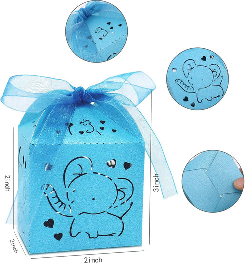 Kslong Blue Baby Shower Favor Boxes, 50Pcs Elephant Favor Boxes for Baby Boy Laser Cut Candy Boxes with Ribbon for Birthday Wedding Party Decorati...