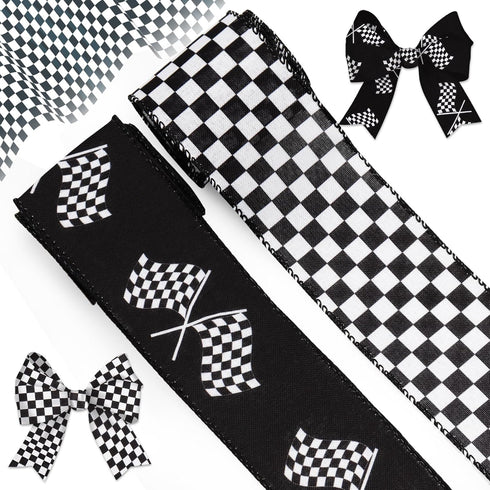 Racing Flag Black White Ribbon Wired Edge Ribbon, Plaid Check Burlap Ribbon, Blakc White Wired Ribbon for Gift Wrapping, Wreath Bows Making, Craft...