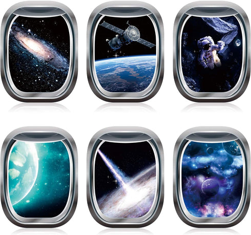 Blulu 6 Pieces 3D Space Capsule Window Wall Decor Outer Space Window Wall Decals Poster Spacecraft Astronaut Mural Galaxy Wallpaper Stickers for K...