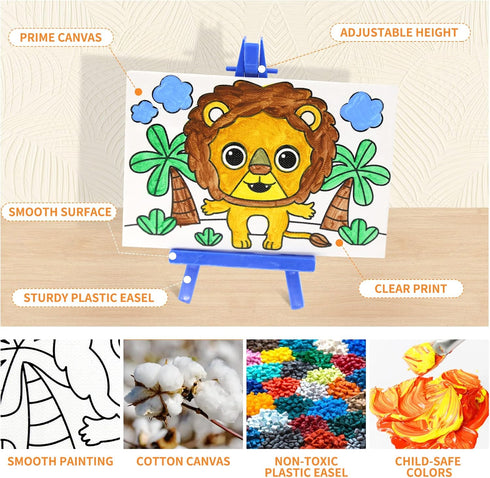 VKPI Canvas Painting Set with Mini Easel for Kids, Watercolor Art Supplies Kit with 3 Pre Drawn Canvases, 3 Plastic Easels, Paint Pots and Brushes...