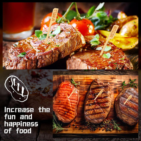 Soaoo 500 Pcs 3.5" Assorted Bamboo Wood Steak Markers Steak Temperature Sticks Meat Doneness Picks Bamboo Paddle Skewers Sticks for BBQ Barbecue P...