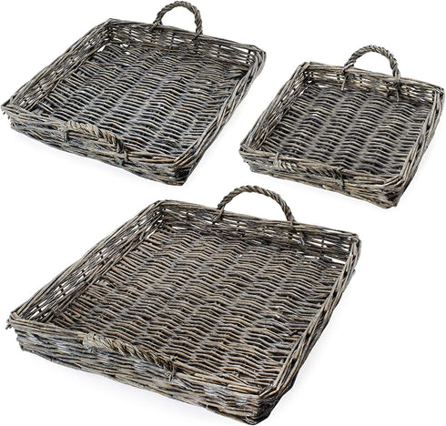 AuldHome Design Rustic Willow Basket Trays, Set of 3 (Square, Gray Washed); Natural Wicker Decorative Farmhouse Trays...