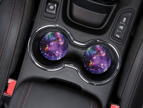 , Purple Marvel Nebula Galaxy Design Absorbent ROUND Fabric Felt Neoprene Car Coasters for Drinks, 2pcs Set...