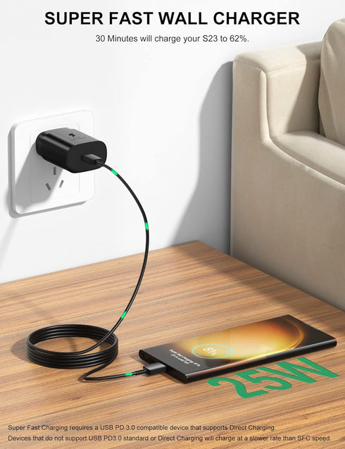 25W Type C Fast Charger Set for Samsung A54 A53 A35 - Super Fast PD USB C Wall Charging Block Android Phone Charger with 3.3 FT 3A C to C Cable fo...
