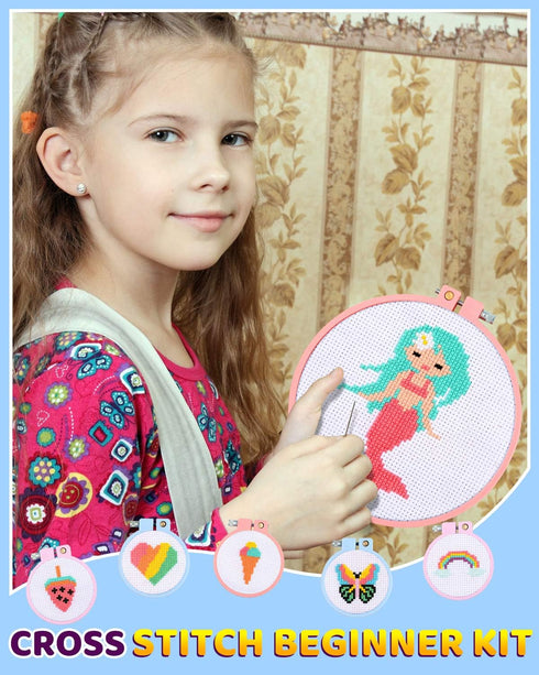 Pllieay 6 Pcs Cross Stitch Kits for Beginners for Kids 7-13, Kids Embroidery Kit Needlepoint Kit Arts and Crafts Kit with Instructions for Backpac...