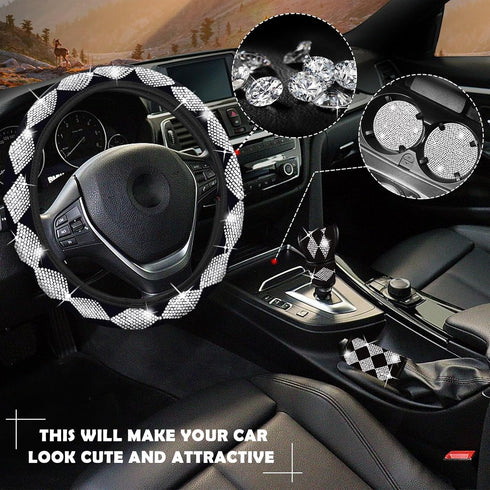 11 Pcs Bling Car Accessories Set for Women,Bling Steering Wheel Cover Universal Fit 15 Inch,Rhinestone Center Console Cover,Sparkling Seat Belt Sh...