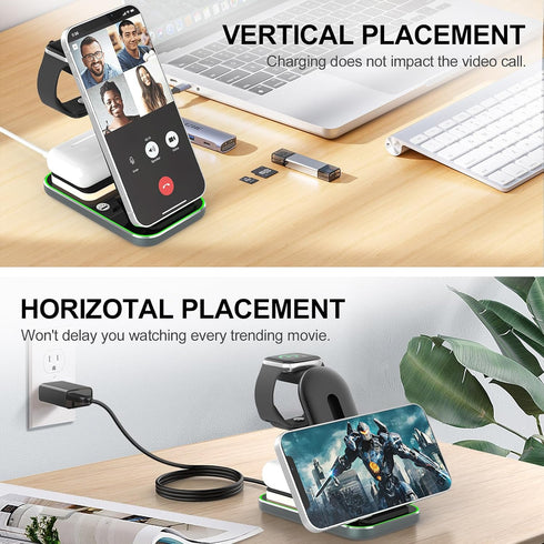 Wireless Charging Station,3 in 1 Wireless Charger for iPhone 15 14 13 12 11 Pro Max/X/8,15W Fast Wireless Charging Dock for iWatch Ultra 8 7 6 5 4...