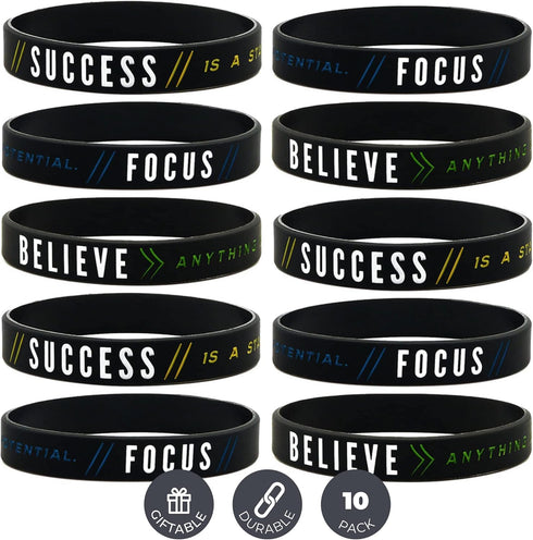 Inkstone - 10-Pack - Success, Focus, Believe Motivational Silicone Rubber Wristbands Bulk Pack in Unisex Adult Size for Teens Men Women - Wholesal...