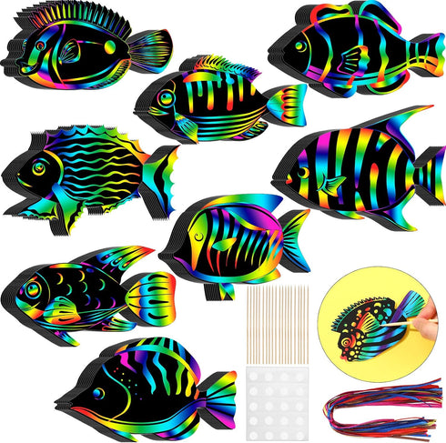 Motionchic 80 Pieces Tropical Fish Scratch Card for Kids Rainbow Ocean Fish Paper Crafts Sea Animal Ornament Under The Sea Party Favors with Woode...