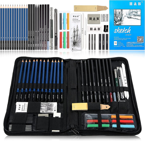 H & B 48 Professional Sketching Pencils and Drawing Kits, Including Sketching Pads, Graphite Pencils, Pencil Sharpener and Eraser, Artist's Art Su...