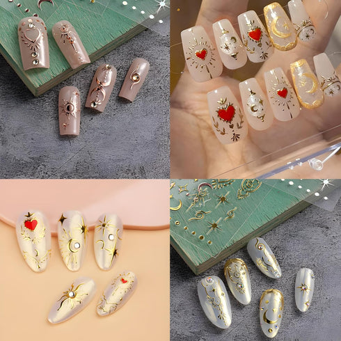 12 Sheets Star Nail Stickers for Nail Art 3D Self-Adhesive Nail Art Stickers Gold Silver Sun Moon Heart Nail Art Design Decoration Accessories for...