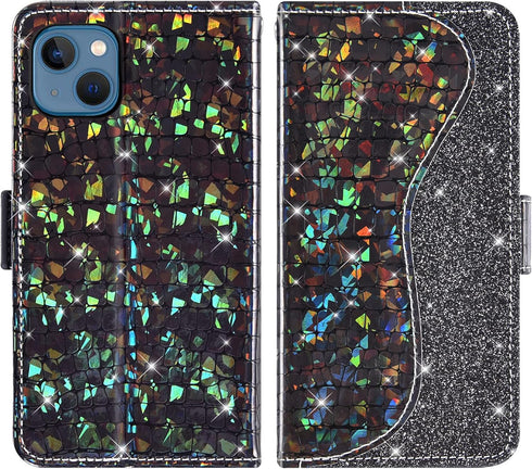 Asuwish Phone Case for iPhone 13 6.1 inch Wallet Cover with Screen Protector and Wrist Strap Flip Card Holder Bling Glitter Cell Accessories iPhon...