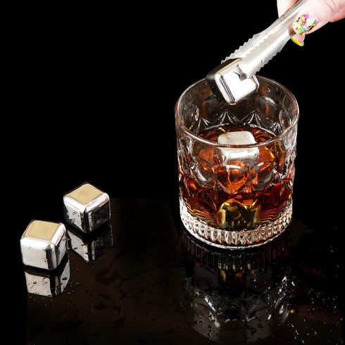 Whiskey Stones Gift Set – 6 Reusable Stainless Steel Chilling Rocks with Tongs for Scotch, Bourbon, Cocktails, and More...